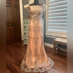 Johnathan Kayne Peach and Silver Embellished Prom Dress